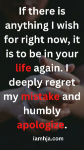 If there is anything I wish for right now, it is to be in your life again. I deeply regret my mistake and humbly apologize.